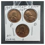 1955 Lincoln Wheat Cent P-D-S Set - High Grade