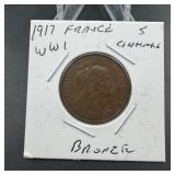 1927 France 5 Centimes Bronze Coin