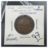 1868 Germany 3 Pfennig Coin - High Grade