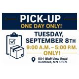 Pick-up: Tuesday, September 8th: 9 A.m.-5 P.m. Onl