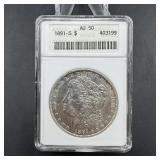 1891-S Morgan Silver Dollar - Graded AU50