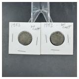 Two 1883 No Cents Liberty Head V Nickels