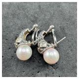Large Pearl Half-Hoop CZ 925 Earrings - 11.6g