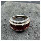 925 Garnet Marcasite Ring - Size 8 1/4 - 8.7g