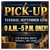 Pick-up: Tuesday, September 15th: 9 A.m.-5 P.m. On