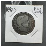 1892-s Key Date Barber Silver Half Dollar
