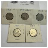 5 Canadian Silver Quarters 1957-1968
