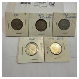 1943ï¿½1968 Canadian 25 Cent Coins Lot of 5