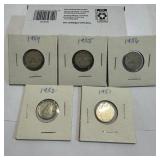 1951-1959 Canada Silver 10 Cent Coins, 5 Pieces