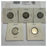 5 Canadian 10 Cent Coins 1955ï¿½1964