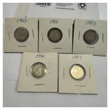 5 Canadian Silver Dimes 1953-1962