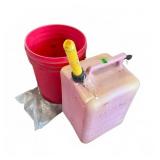 Plastic Gasoline Can and Red Utility Bucket