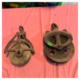 Two Cast Iron Barn Pulley Wheels, Marked