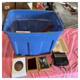 Household Items in Blue Storage Bin