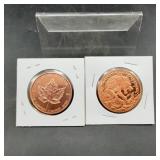 (2x Bid)copper Rounds 1 Oz Maple Leaf, Eagle, Wolf