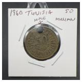 1960 Tunisia 50 Millim Coin Holed