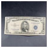 1953a $5 Silver Certificate Note Lincoln Blue Seal