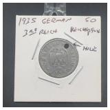 1935 German 50 Reichspfennig Coin, Holed