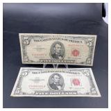 1953-b & 1963 $5 Red Seal Notes