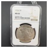 1924 Peace Dollar NGC MS63 Silver US Coin