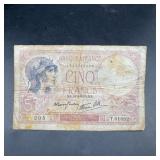 1939 French 5 Franc Banknote Banque De France