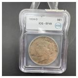 1934-D Peace Silver Dollar ICG EF45