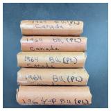 5x Bid: Canada Cent Rolls Labeled 1964