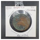 1953 Mexico 20 Centavos Coin Bronze