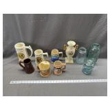 Assorted Beer Steins, 1858 Mason Jar, Vase, Ball J