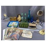 Religious pictures, assorted glassware, shaving st