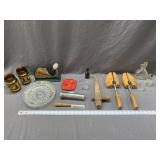 Shoe stretchers, ink well, mugs, glassware