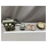 Binoculars, boiler parts, horseshoes