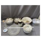 Tea kettles, crock, enamel ware