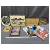 Assorted platters, Arizona Highway magazines, wall