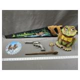 Painted saw art, frog jar, gun wall décor
