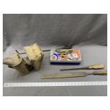 Bee smoker, assorted Caledonia buttons including F