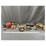 Vintage spice cans, razor, iron & trivet