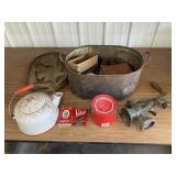 Boiler, tobacco tins, enamel ware, meat grinder