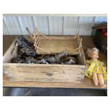 Crate with horse and wagon toys, doll