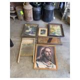 Assorted religious pictures, washboard, cabbage cu