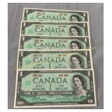 (5) 1967 Canada Centennial one dollar notes