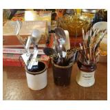 (3) Crocks of Utensils & Brushes