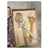 Box of Crescents & Pipe Wrench