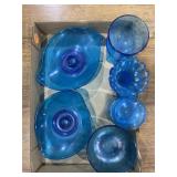 Flat of turquoise glassware, candlesticks etc