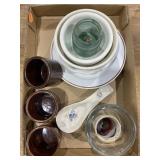 Bowls, small brown crocks, spoon rest, etc
