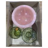 Pink footed bowl, green glassware