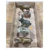 Assorted metal banks: lions, building, rabbit,