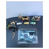 Cast-Iron Cow Bell, Figurines and Glass Picture
