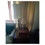 2 end tables, 3 lamps, wooden box, & candle