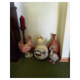 Lot: Chicken, goose, gord, vase, candle stand